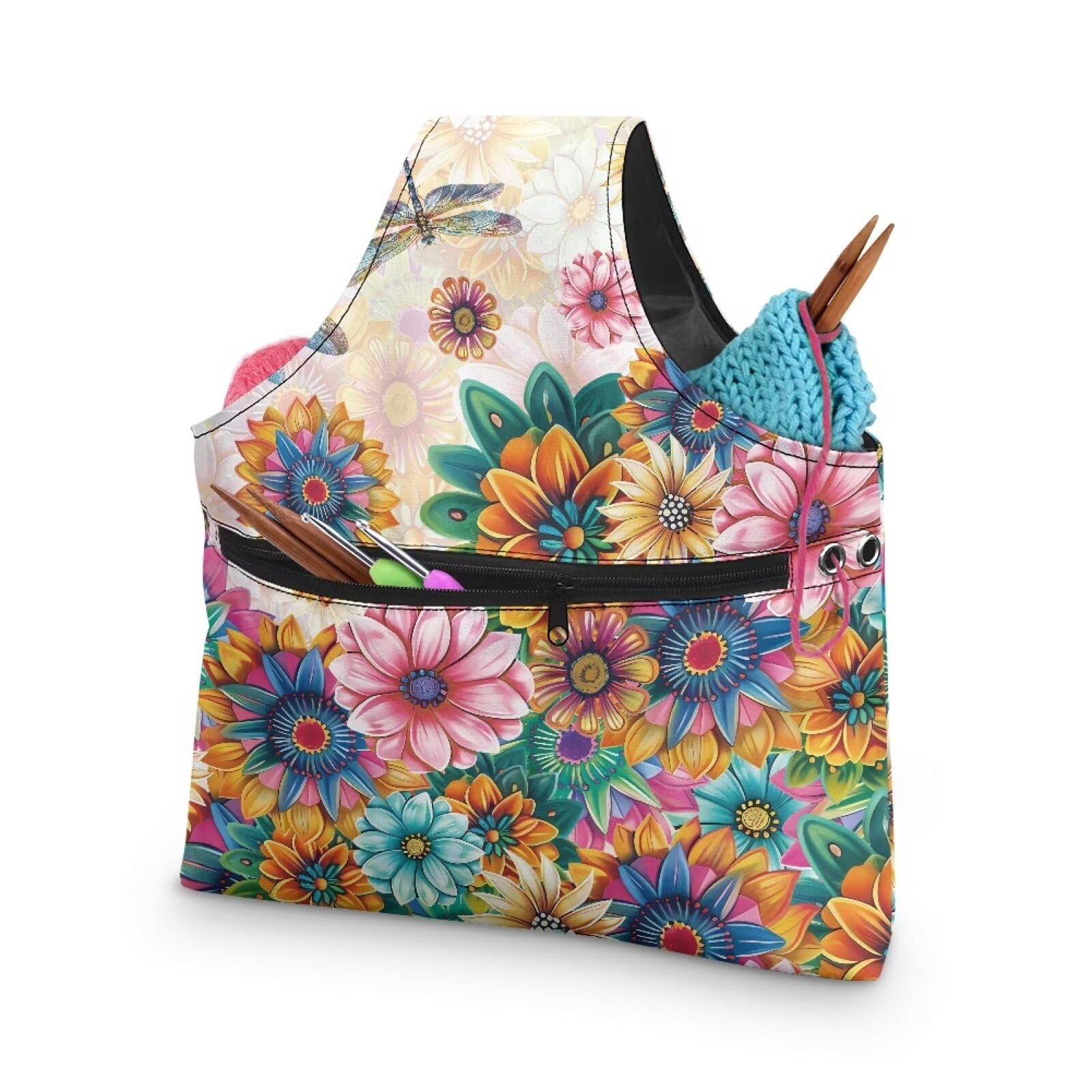 Qehuruxo Crochet Bag Crochet Bag Organizer Needlework Tool Storage Bag Waterproof Vest Handbag Suitable for Knitting Lover Colorful Flowers