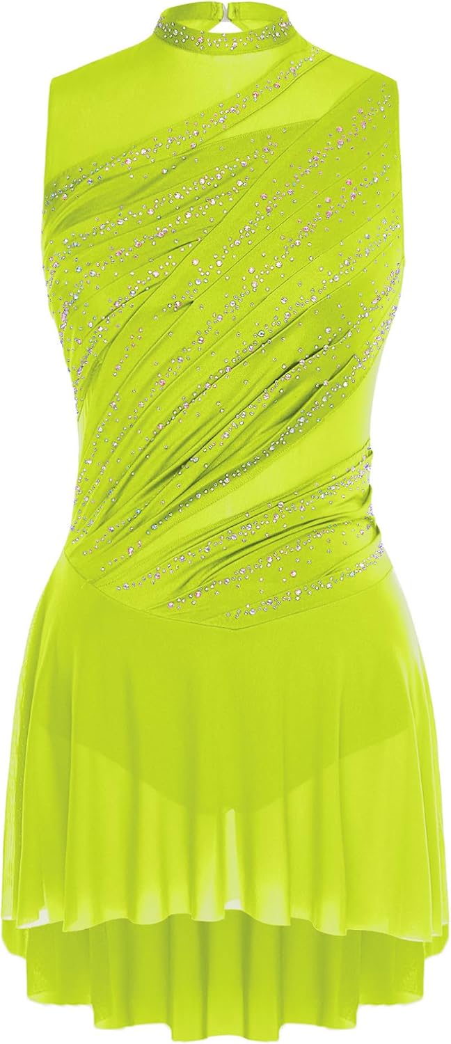 Freebily Women's Figure Skating Dress Glittery Rhinestone Modern Contemporary Dance Dress Ballet Dancewear