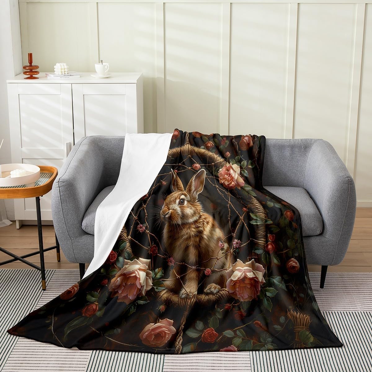 Erosebridal Rabbit Bed Blanket Cute Bunny Flannel Blanket Boho Dream Catcher Blanket for Kids Girls Rose Floral Botanical Leaves Throw Blanket Queen 90X90