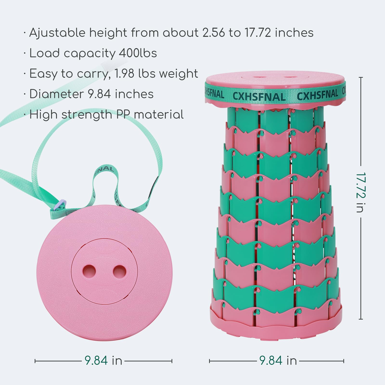 CXHSFNAL Upgraded Portable Folding Stool Lightweight but Sturdy Load Capacity 400lbs Height Adjustable Telescoping Beach Chair for Fishing Hiking Gardening Hunting BBQ (Pink Green, Single Pack)