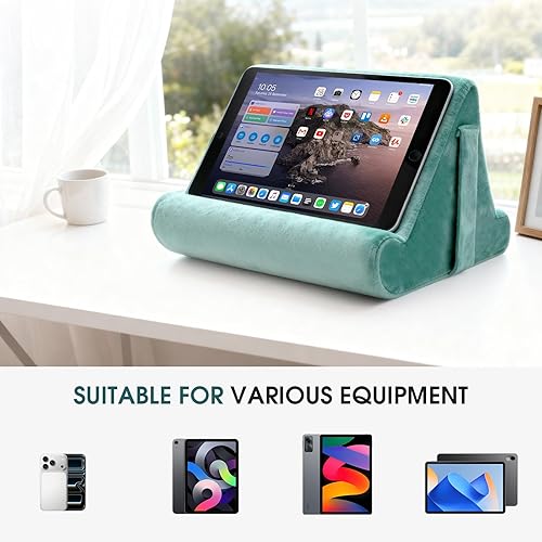 Miniatura 4 de Soporte para tablet multiángulo con cojín suave y bolsillo de red, soporte universal para teléfono y almohadilla para regazo, rodilla, sofá y cama