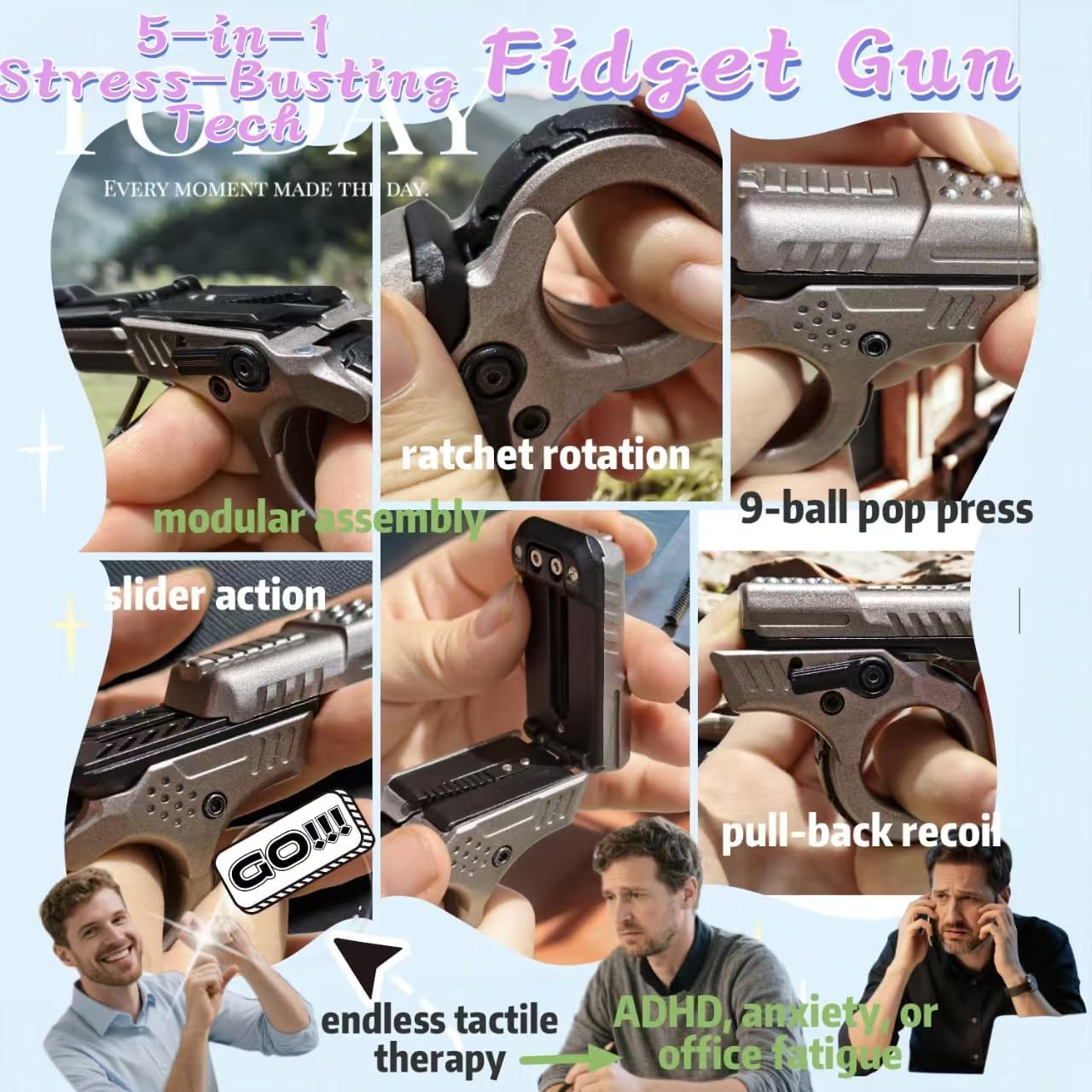 Metal Fidget Gun Slider Toy for Adults - 5-in-1 Stress Relief Modes, Zinc Alloy Folding Ratchet Pistol with Haptic Feedback, Portable Desk Toy for Anxiety & ADHD