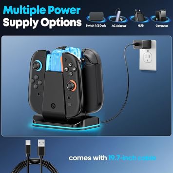 Switch 2 & 1 Controller Charger, 2-in-1 Charging Dock for Nintendo Switch 2025 / OLED/Original Joycons, Fast Charger Station with 9 RGB Modes, for Joy-Con 2/1 Accessories
