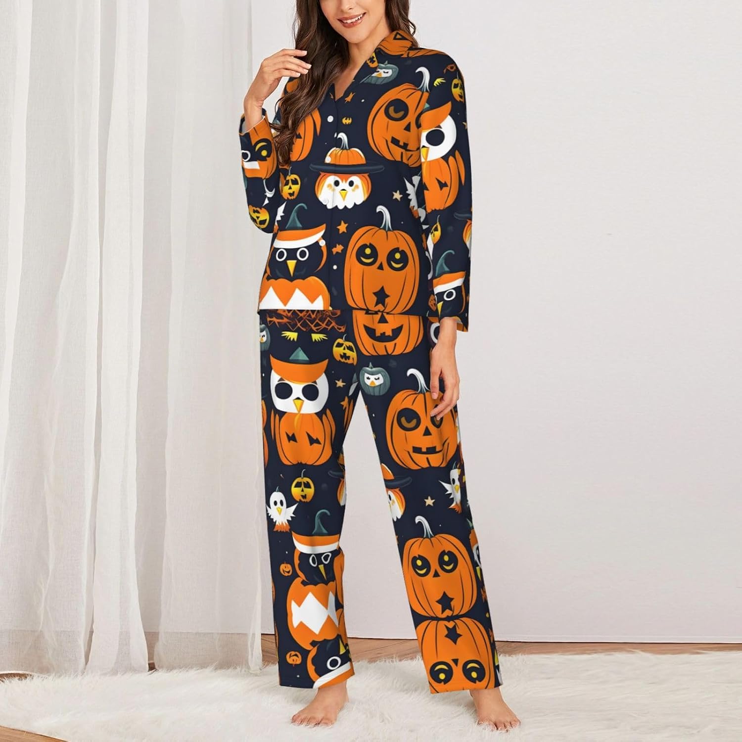 Halloween Owl Ghost Pumpkin Print Christmas Pajamas For Women,Matching Pajama Sets,For Holiday And Thanksgiving