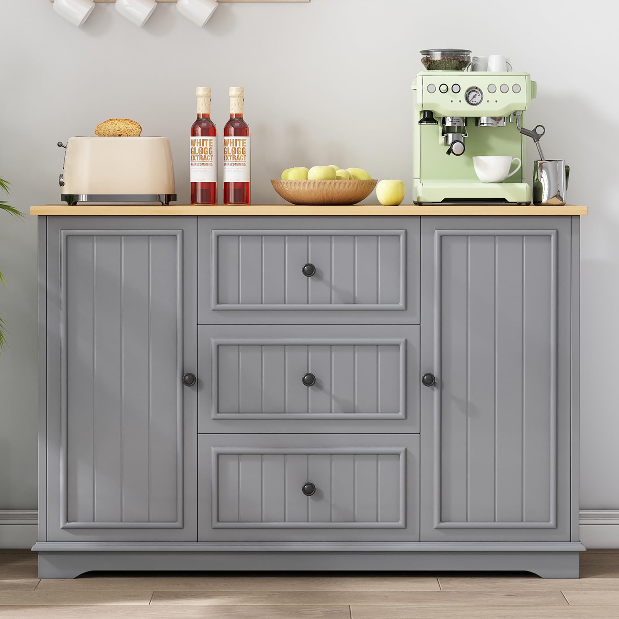 Aparador buffet con 3 cajones y puertas de frigorífico, versátil para salón, comedor y vestíbulo, color gris