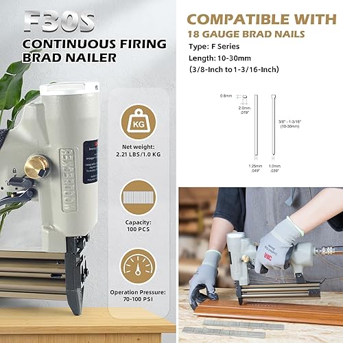 Miniatura 7 de Woodpecker - Clavadora neumática de calibre 18 con seguridad de 38 pulgadas a 1-316 pulgadas de longitud, F30S Air Power Continuous Shot Brad