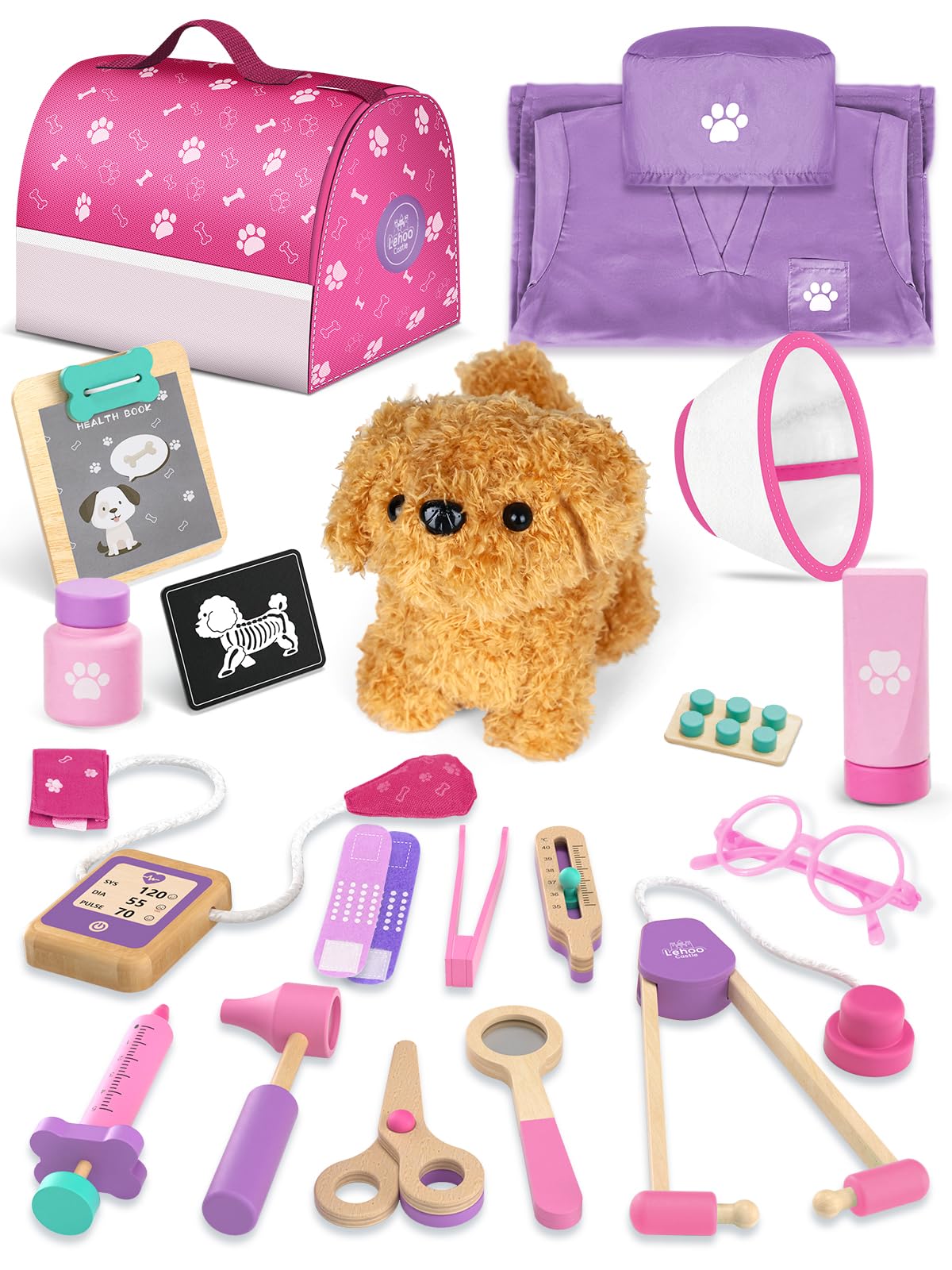 Lehoo Castle Wooden Doctor Kit for Kids, Vet Play Sets, Veterinarian Kit for Toddlers, Kids Doctors Play Set with Dog Bag, Medical Doctor Toys Gift for Boys Girls Aged 3 4 5 6 7