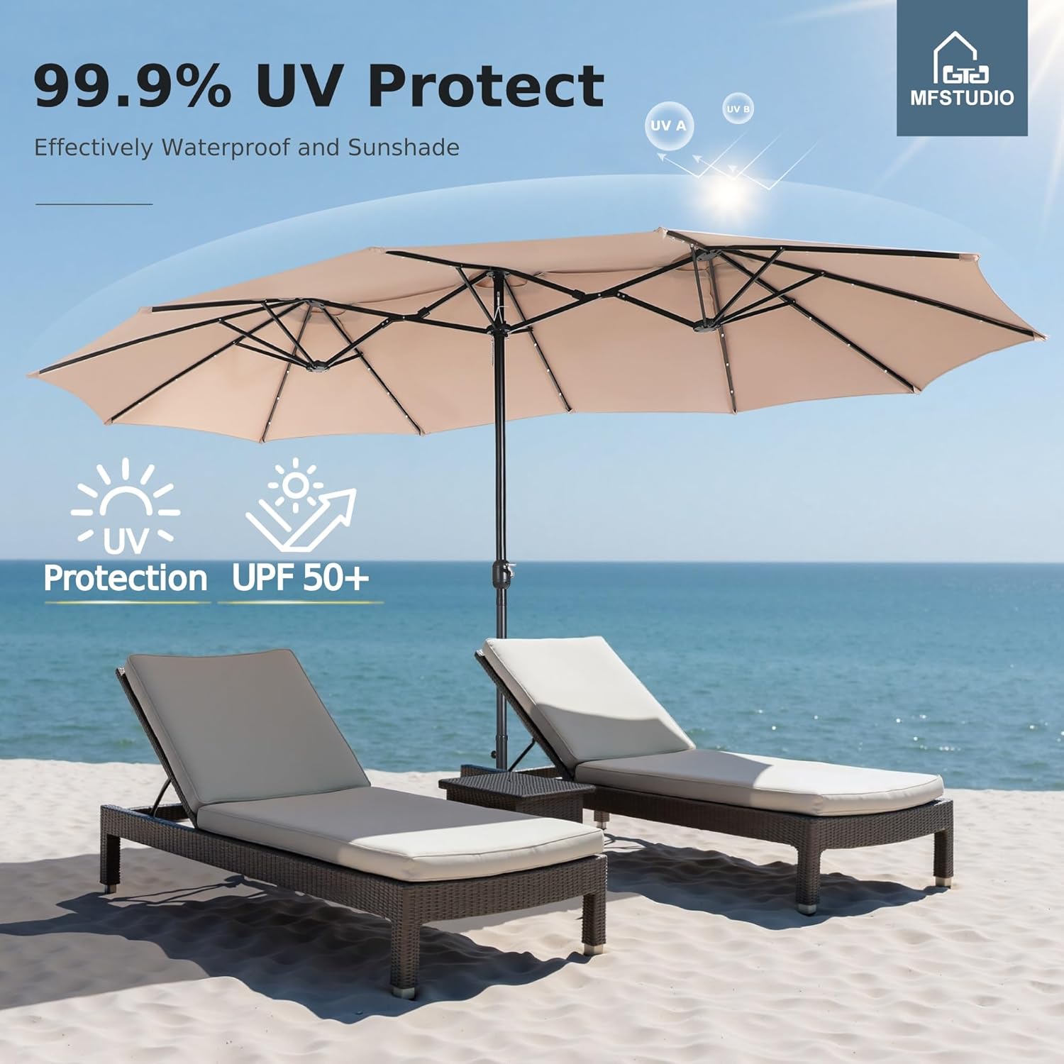 Size 15ft Color  beige Double Sided Patio Umbrella with Solar Lights, Outdoor Large Umbrellas with Crank Handle and 36 LED Lights, Rectangular Market Umbrella with Base Included for Deck Pool Shade, Beige