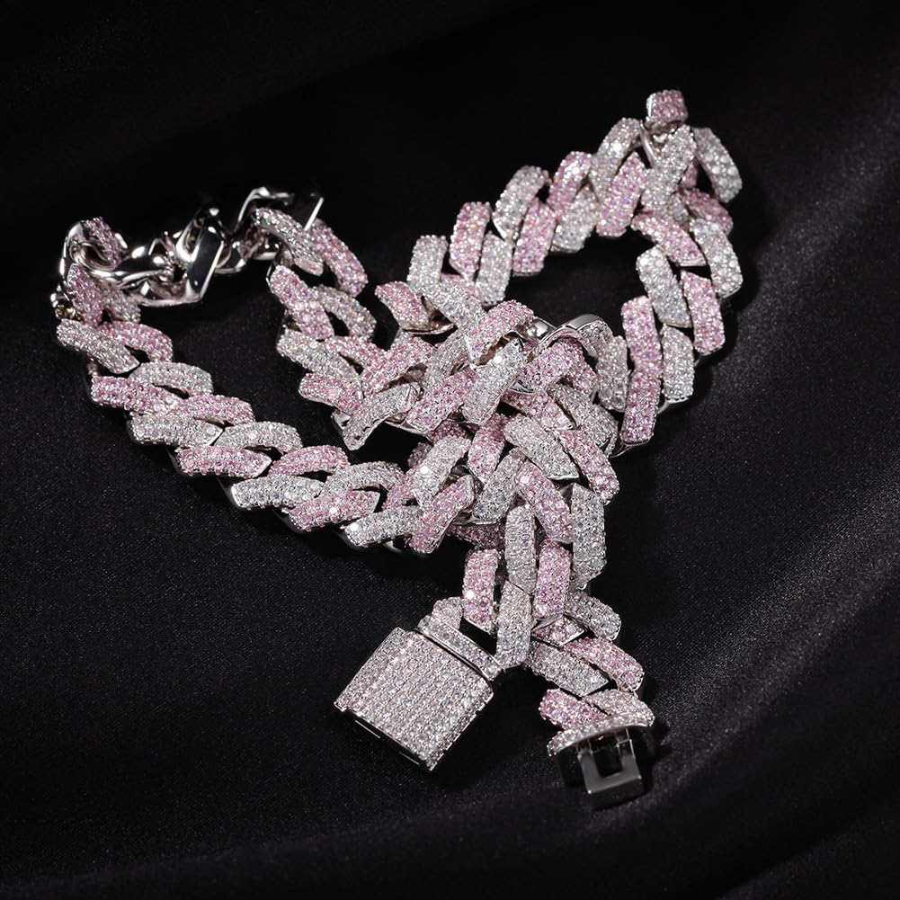 Iced Out Miami Catena a maglie cubane Placcata in oro bianco 18k Collana a maglie cubane da 13 mm Collana girocollo Collana con bracciale a catena con diamanti multicolori per uomo Donna