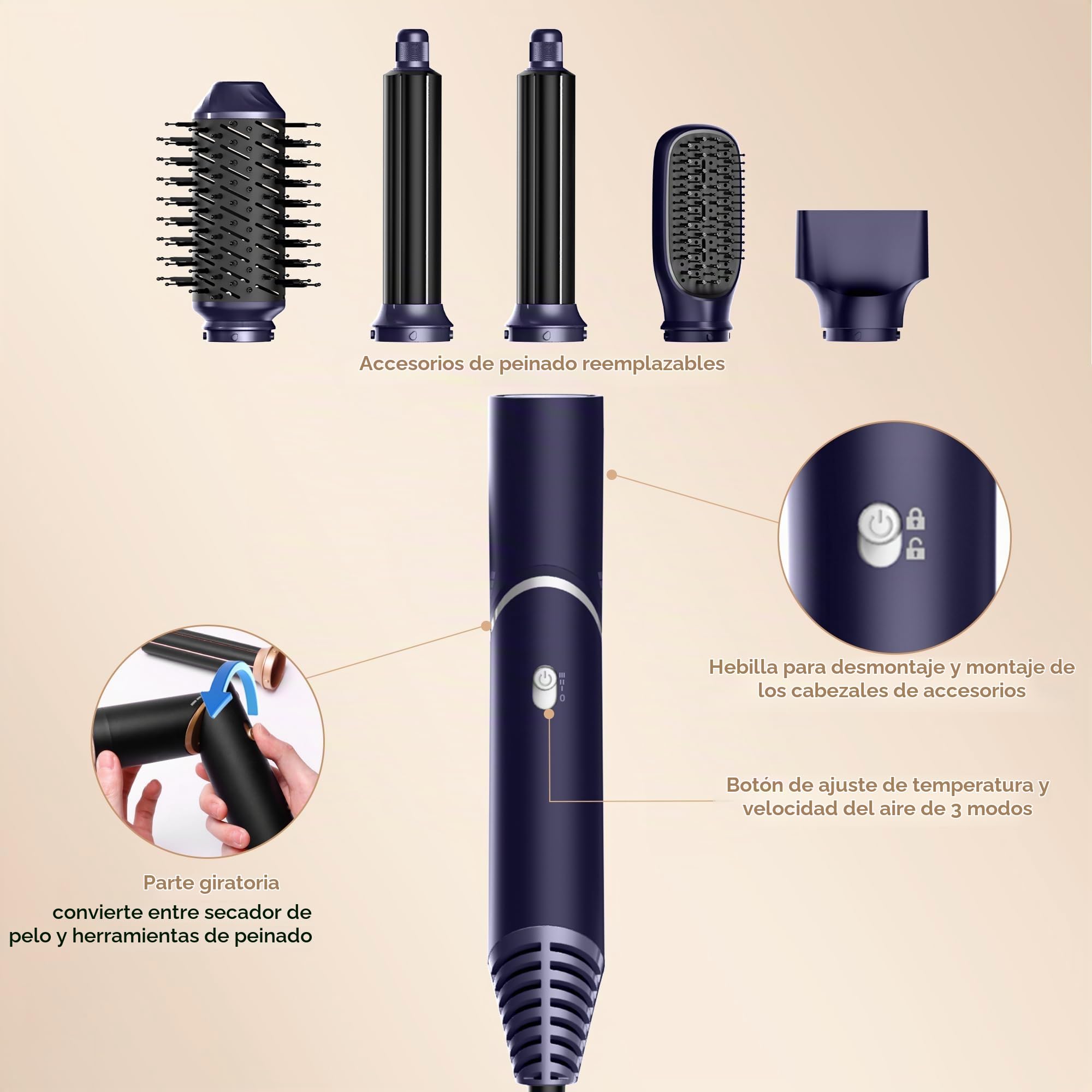 UKLISS 5 en 1 Airstyler con 60.000 rpm secador de pelo multifuncional de aire caliente rulos redondo cepillo de aire caliente cepillo de aire caliente cepillo de pelo cepillo rizador pelo cepillo pelo