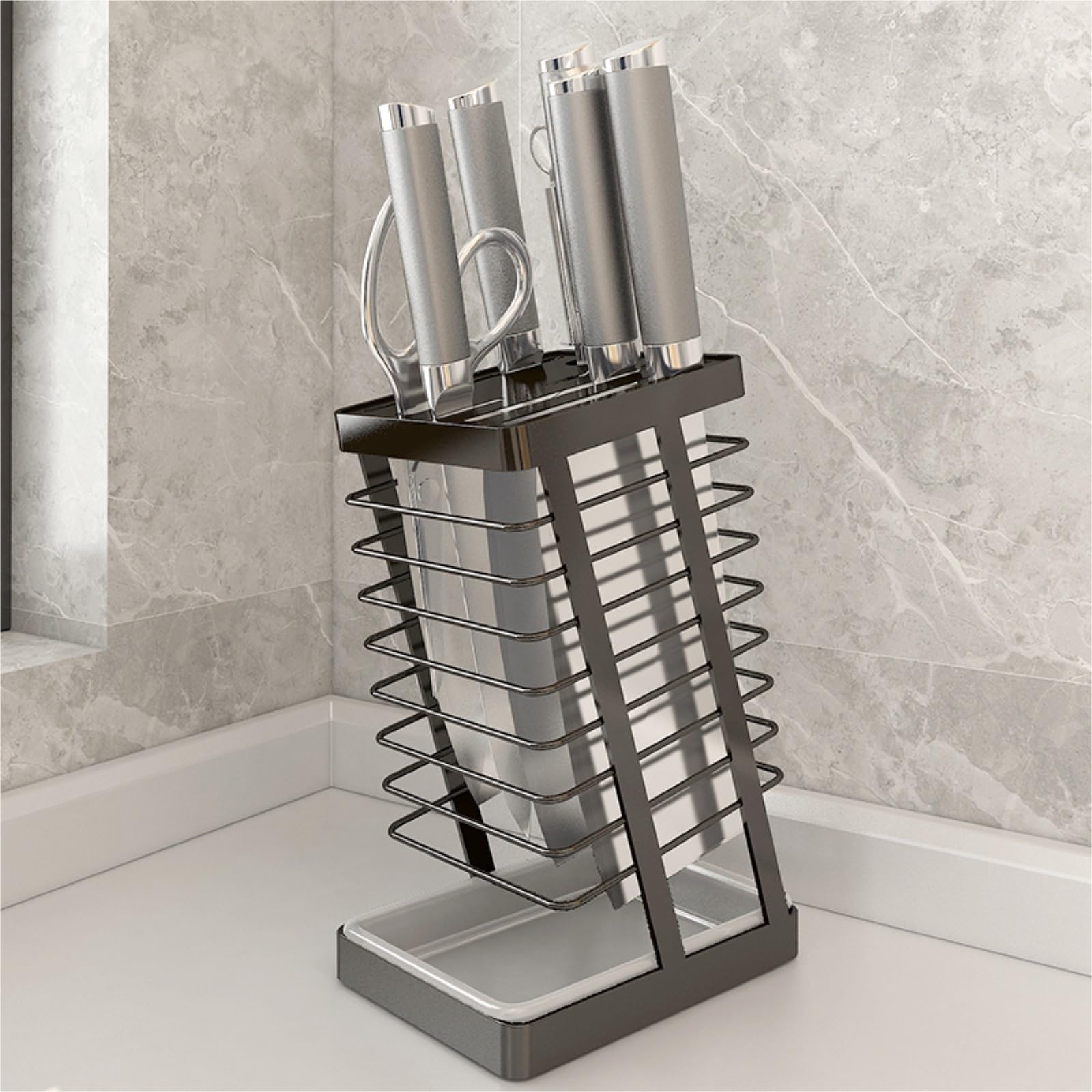 Soporte Cuchillos Cocina sin Cuchillos Portacuchillos De Acero Inoxidable Con Múltiples Ranuras Y Bandeja Drenaje Extraíble Knife Block