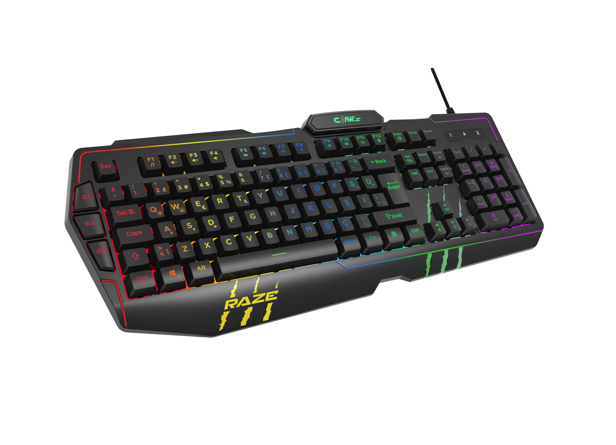 Claw's Raze RGB Yazılım & Harici G-Makro Tuşlu - Lazer Baskılı Özel ABS Materyal - Örgü Kablolu Membran Oyuncu Klavyesi