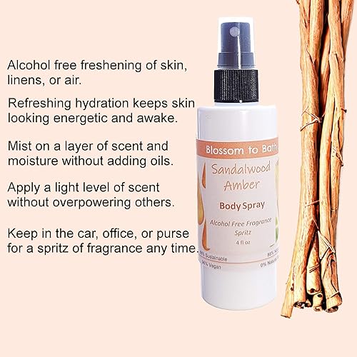 Miniatura 3 de Blossom to Bath Spray corporal ámbar de sándalo (4 onzas)  Fragancia sin ftalatos  Energiza la piel con un aroma cálido amaderado