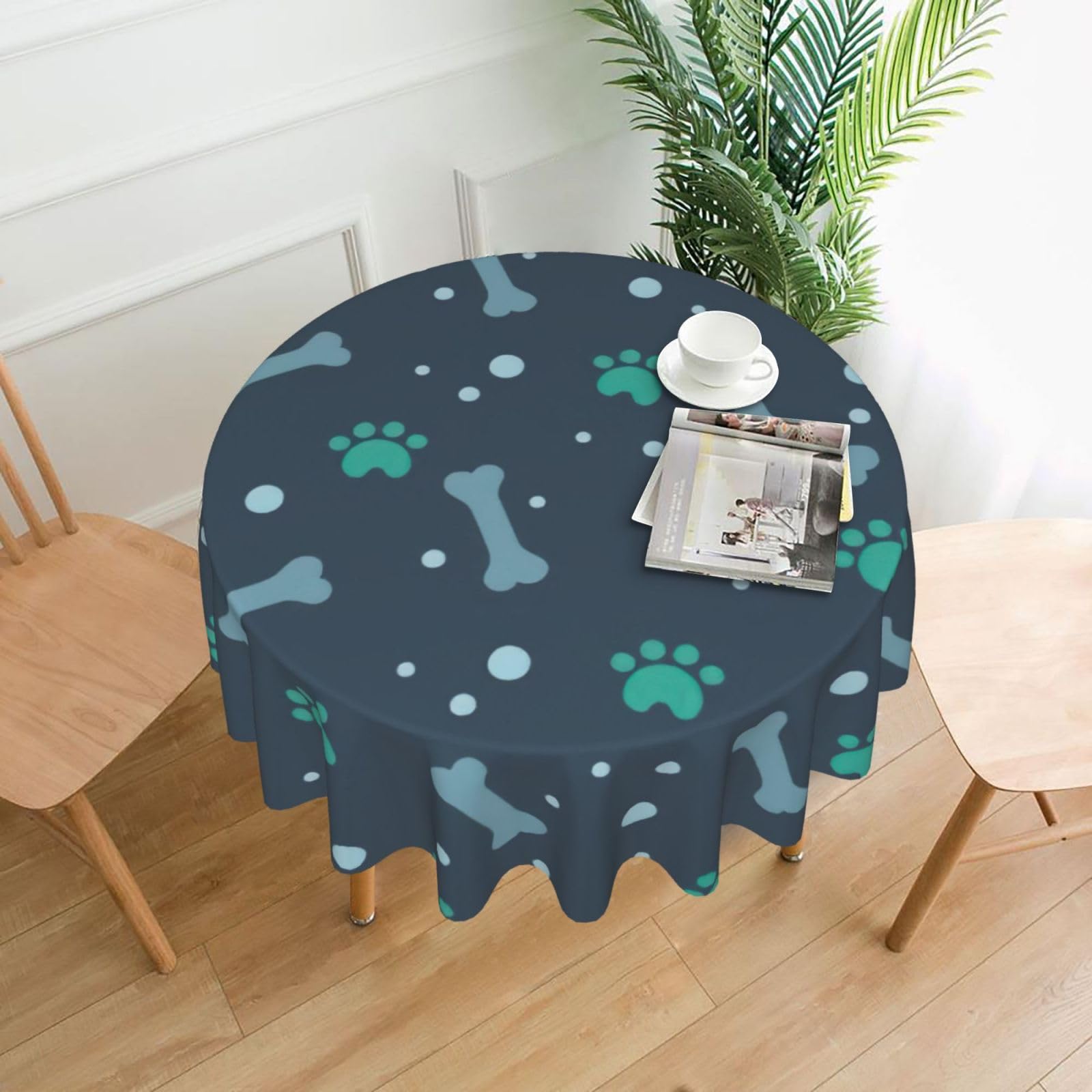 SDEGTHO Bones and dog claws Print Modern Retro Round Tablecloth 60in Polyester Fabric Cover for Party Dining Table Washable