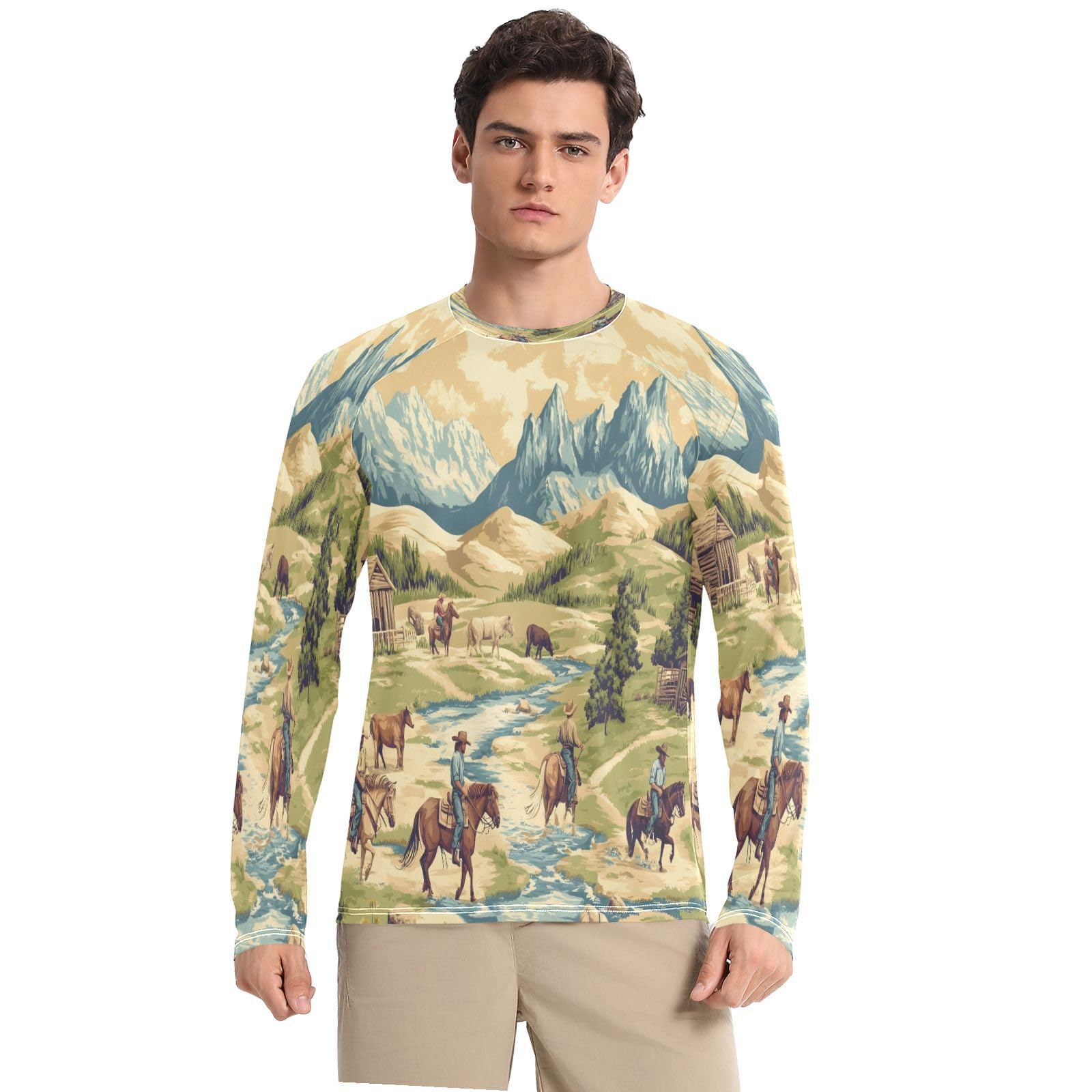 Bulletgxll Western Cowboys Men's Sun Protection Shirts UPF 50+ Long Sleeve UV Rash Guard Quick Dry Swim Shirts
