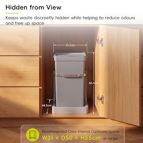 EKO Deco Duo Pull-Out Recycling Bin, 35L (20L + 15L) Built-In Kitchen Cupboard Bin for Under Sink Storage, Double Waste Sorting Unit with Smooth Quiet Rails and Removable Inner Buckets, Grey