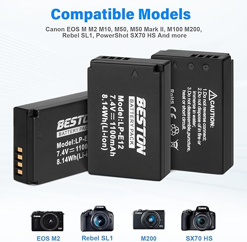 Miniatura 9 de BESTON Paquete de 2 baterías LP-E12 y cargador USB rápido para cámaras Canon EOS M M2 M10, M50, M50 Mark II, M100 M200, Rebel SL1, PowerShot SX70 HS