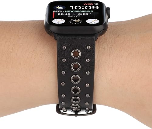 Vista 21 de Correas de cuero con tachuelas compatibles con Apple Watch, correa de repuesto para iWatch Series 10 9 8 7 6 5 4 3 2 1 SE Ultra Negro/plateado