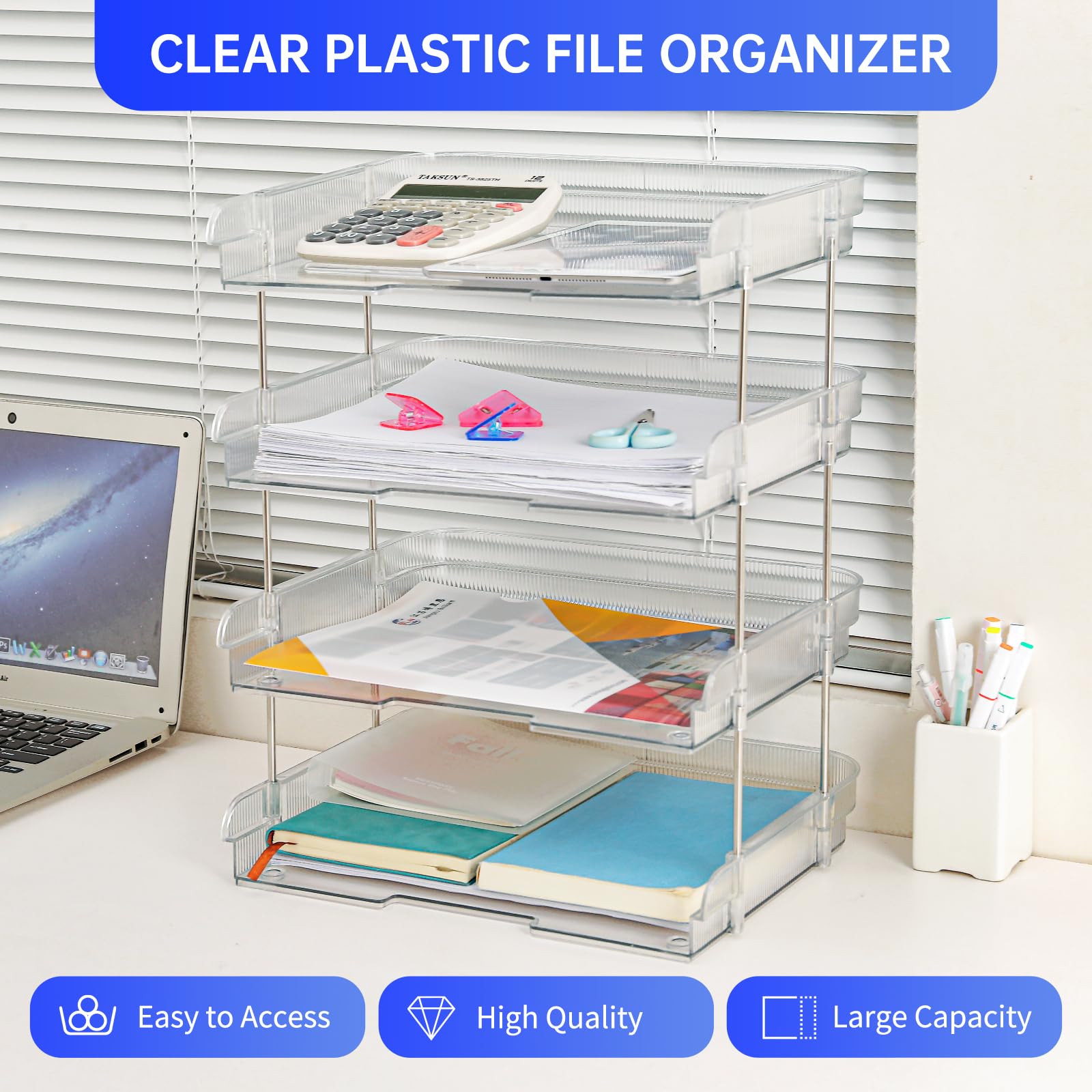 Organizador de escritorio transparente, organizador de archivos PET de 4 niveles, organizador de bandeja de papel apilable para suministros de oficina, papel de archivo, carta, archivo de