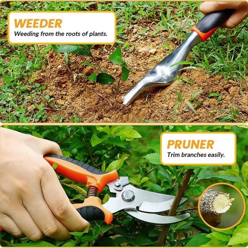 Set di attrezzi da giardino, 8 pezzi, kit di attrezzi da giardino resistente, con utensili manuali per esterni, guanti da giardino e borsa portaoggetti, attrezzi da giardinaggio, regalo per donne e