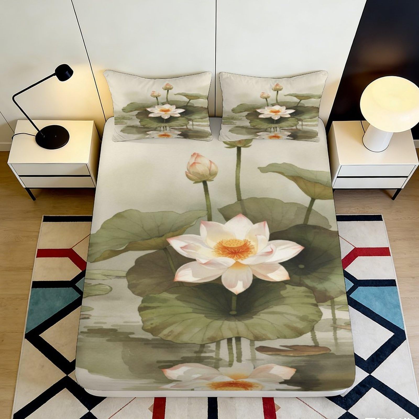 3D Printed Lotus Fitted Sheet Microfiber Deep Pocket Non Slip Bedroom Bedding Lotus Mattress Fitted Cover Washable 140x200x25cm