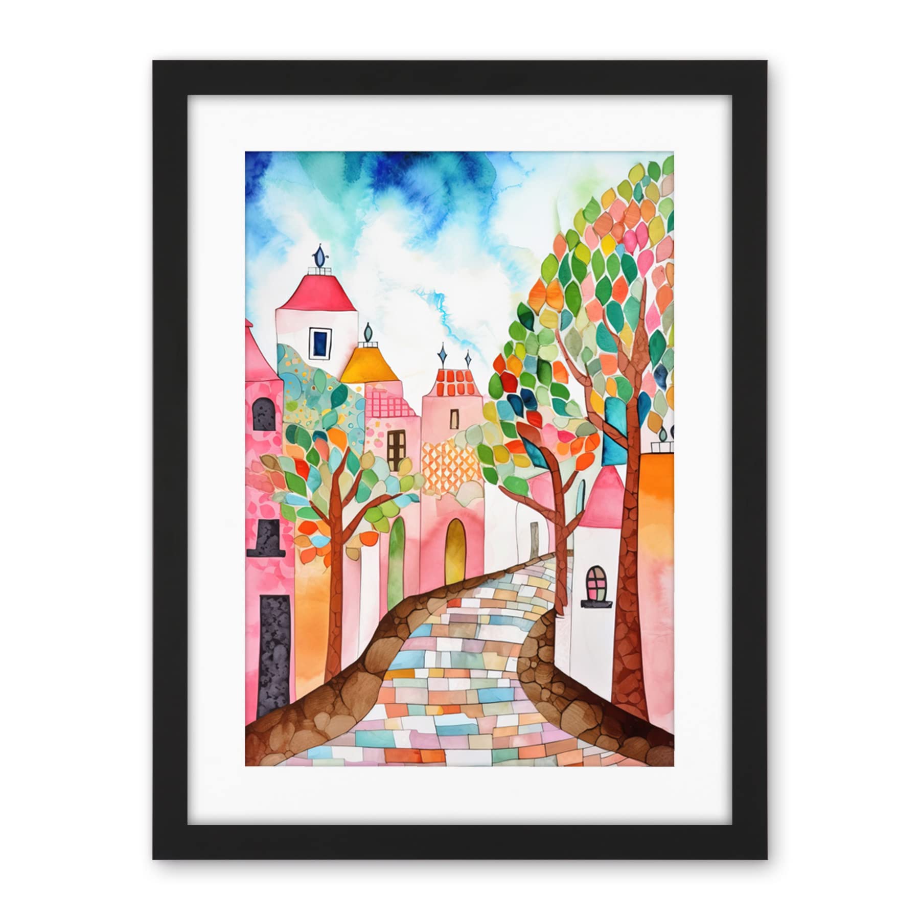 Artery8 Cobblestone Street In Spring Folk Art Artwork Framed Wall Art Print 18X24 Inch