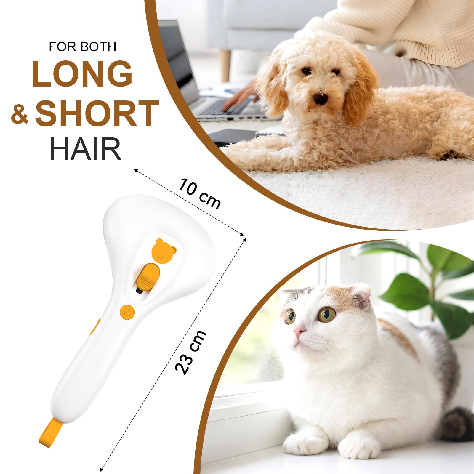 Euqvunn Brosse Vapeur pour Chat avec Bouton de Déverrouillage, [Design Ultra-Silencieux/Poignée Confortable] Brosse Chat Vapeur Brosse Chien Vapeur Rechargeable pour Chats, Chiens, Lapins(Jaune)