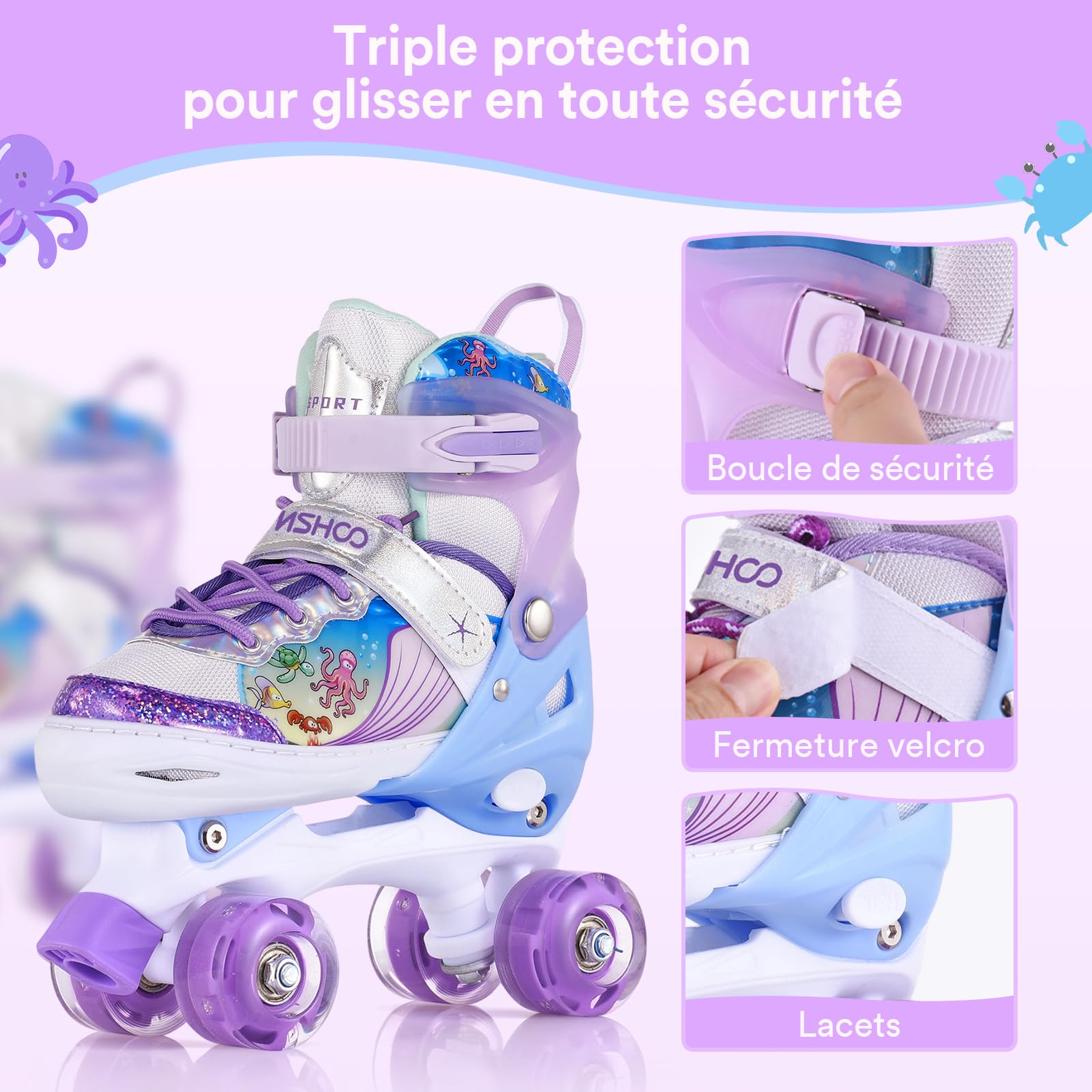 TOMSHOO Roller Enfant Fille, Patins à roulettes Fille avec LED Lumineuse Roues, 4 Taille Réglable, Rollers Quad pour Enfants, Adolescents, débutants Débutants Cadeau Anniversaire