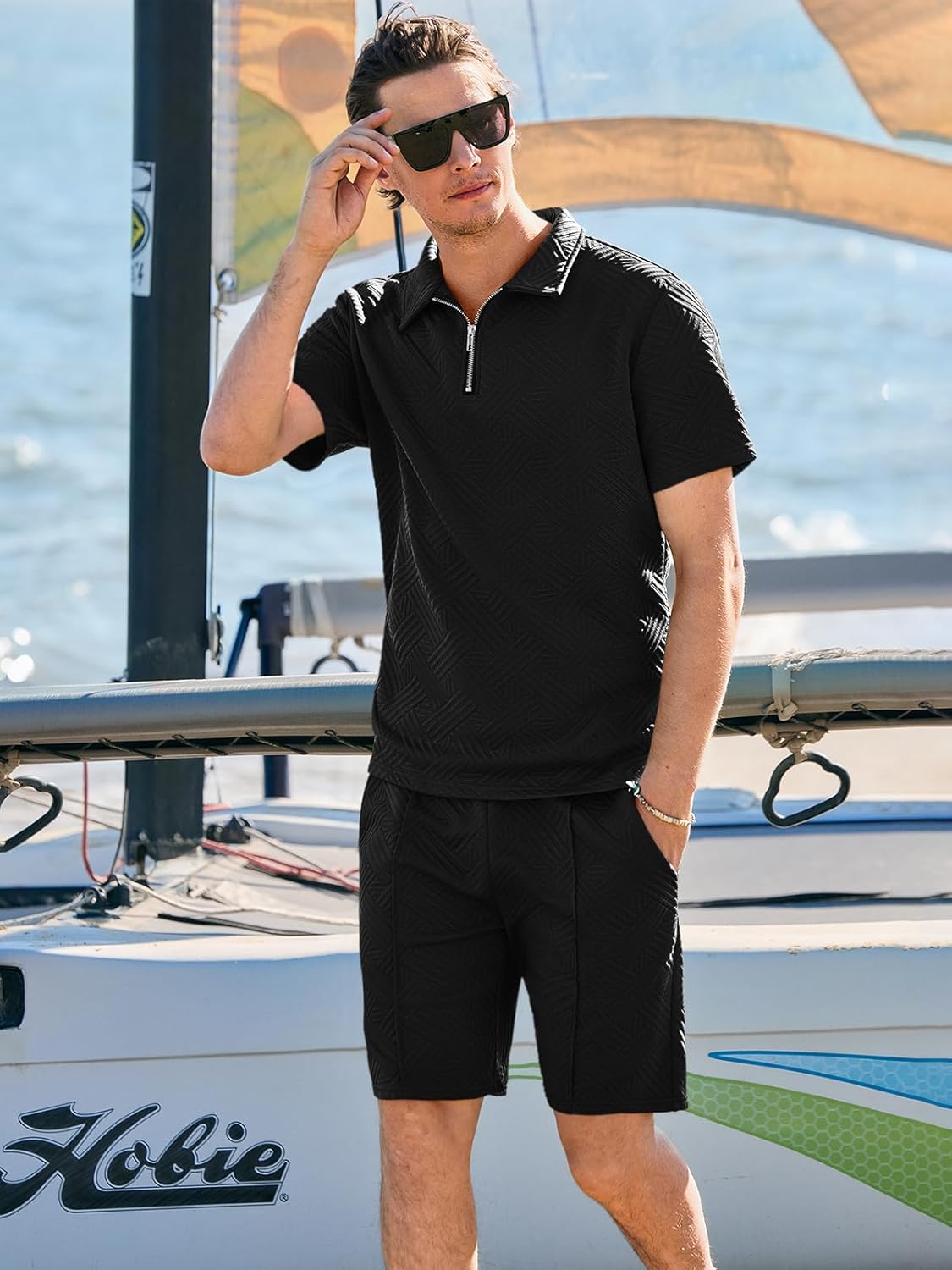 Runcati Mens Summer Track Suits Short Sleeve 1/4 Zip Golf Polo Shirts 2 Piece Shorts Sets Casual Textured Sweatsuit Outfits - Image 3