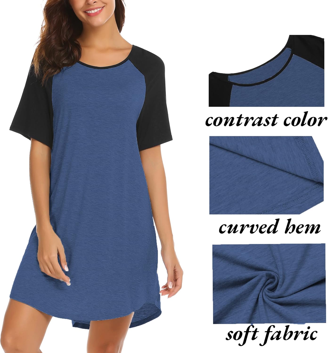 Ekouaer Sleep Shirts for Women Short Sleeve Night Shirts for Sleeping Pullover Nightgown Soft Nightdress S-XXXL