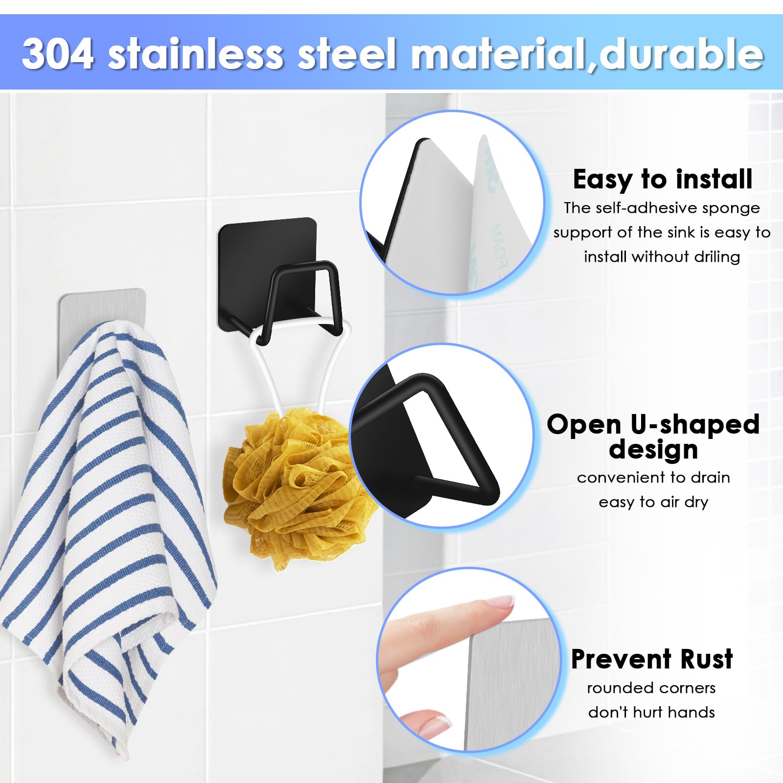 Kit 4 Porte-éponges Auto-adhésifs Inox 304 - Pour évier Cuisine/salle De Bain - Noir Et Argent