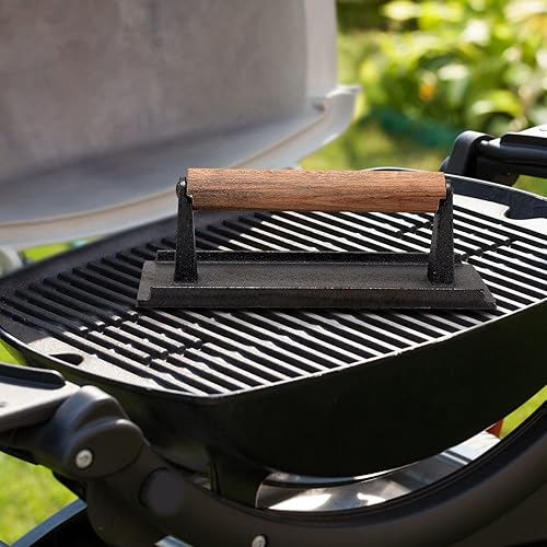Miniatura 7 de Prensa de parrilla de hierro fundido, prensa de hamburguesa resistente con mango de madera, 8.26 x 4.25 pulgadas, prensa para sándwich, prensa de