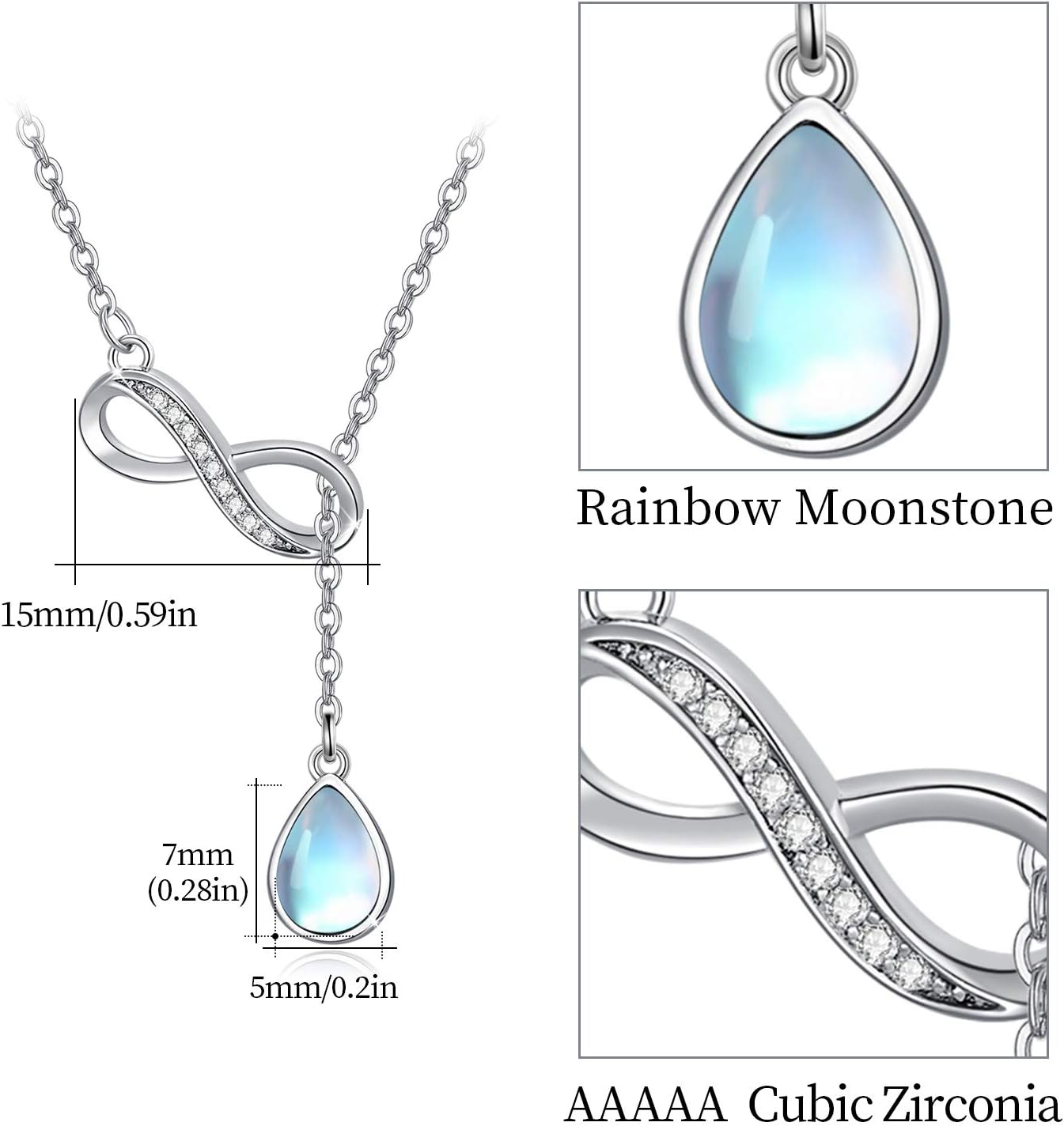 MEDWISE Moonstone Teardrop Pendant with Infinity Symbol Sterling Silver Moonstone/Turquoise/Cubic Zirconia Water drop Y-Necklace Jewelry Gifts for Women