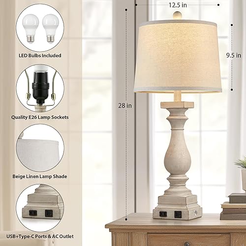 Miniatura 4 de Juego de 2 lámparas de mesa de granja de 28 pulgadas de alto con puertos USB C+A y salida de CA, control táctil de 3 vías, lámpara de noche rústica