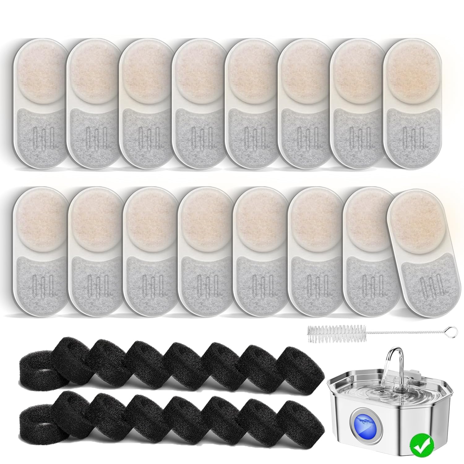 Juego de 16 + 16 filtros de fuente de agua para gatos compatibles con dispensador de agua para mascotas APAUK de acero inoxidable de 3,2 L, incluye 16 filtros + 16 esponjas + un cepillo de limpieza