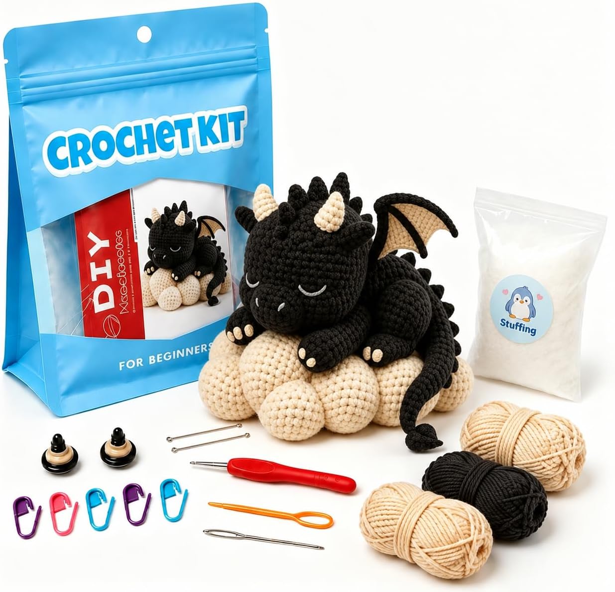 Hookcrafted Crochet Kit for Beginners, DIY Sleeping Dragon Amigurumi Crochet Kit with Step‑by‑Step Video Tutorial, Complete Yarn Set for Adults Teens, Handmade Craft Gift