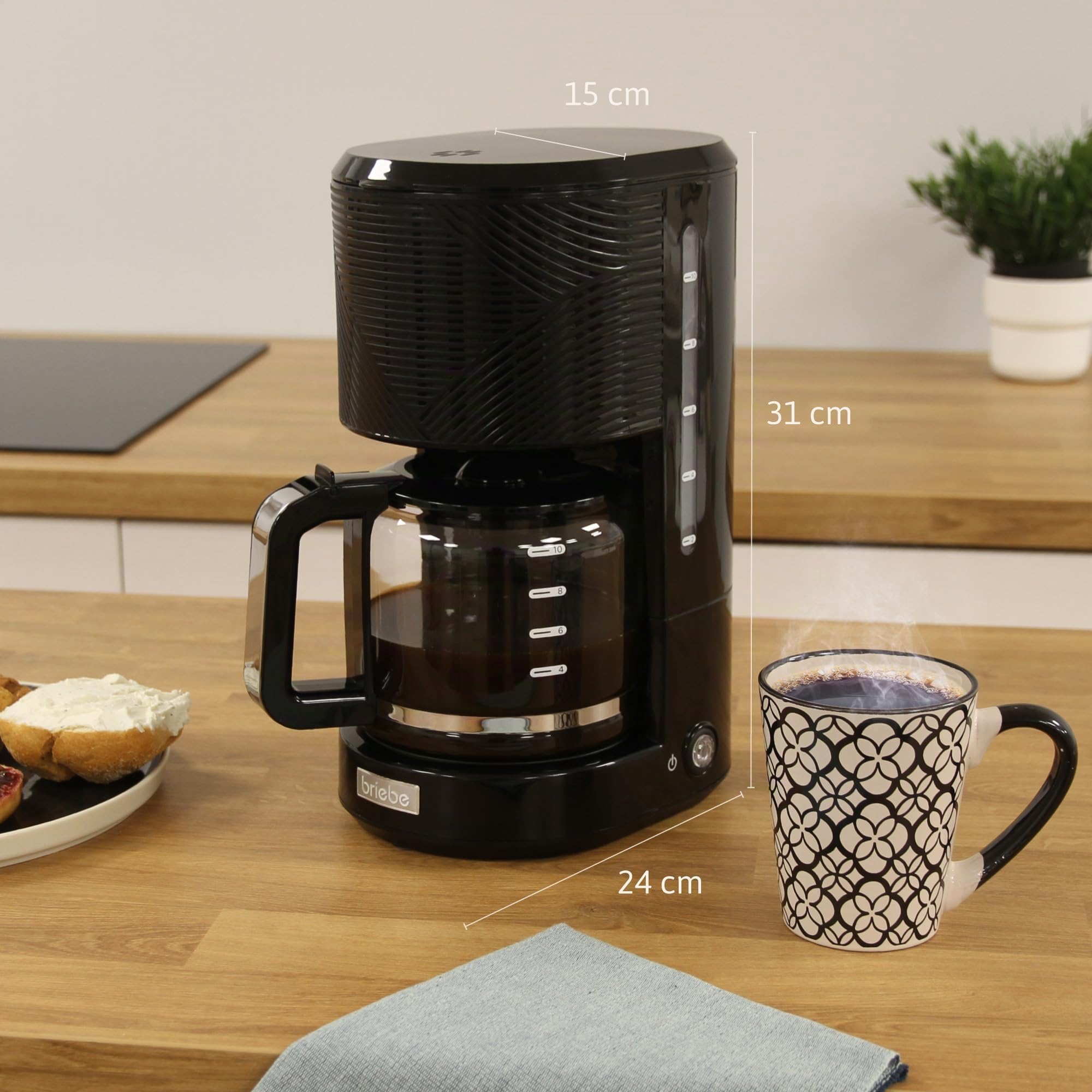 Briebe Elegance Set Brottoaster 2 Scheiben Wasserkocher 1,7L 2200W BPA-frei Filterkaffeemaschine 10 Tassen 1,25L Frühstückspack