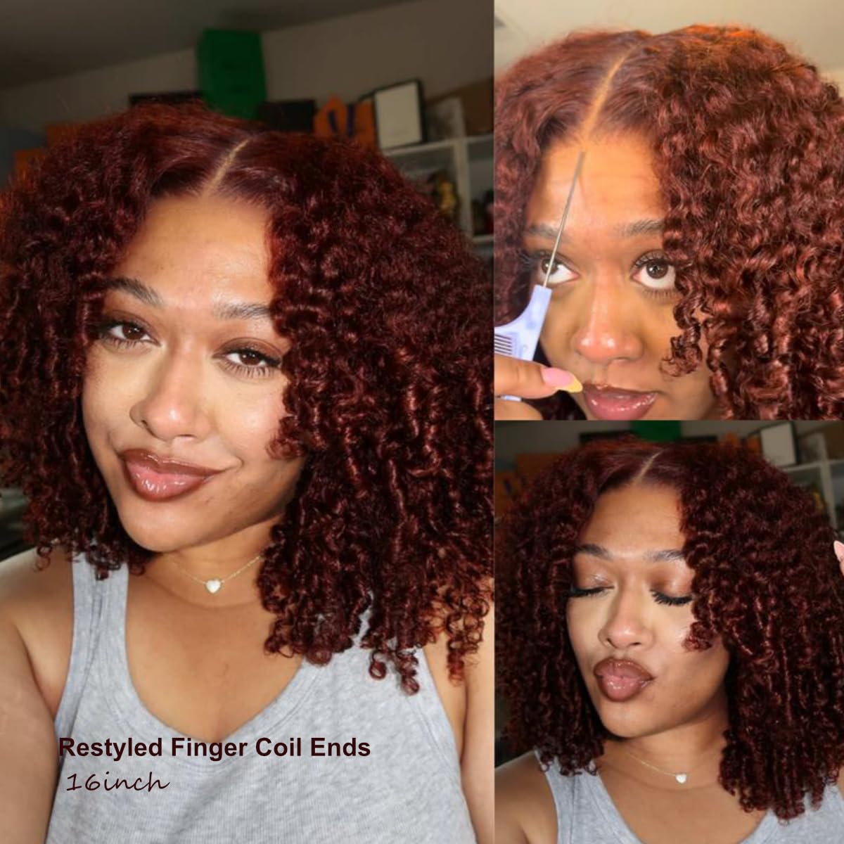 UNICE Afro Kinky Curly Human Hair Wig 16 Inch Reddish Brown, 7x5 HD Lace Front Glueless Wig, Pre Plucked Pre Cut, 180% Density Fluffy Layered Finger Curls Drawstring Wig, Ready to Wear Natural Looking