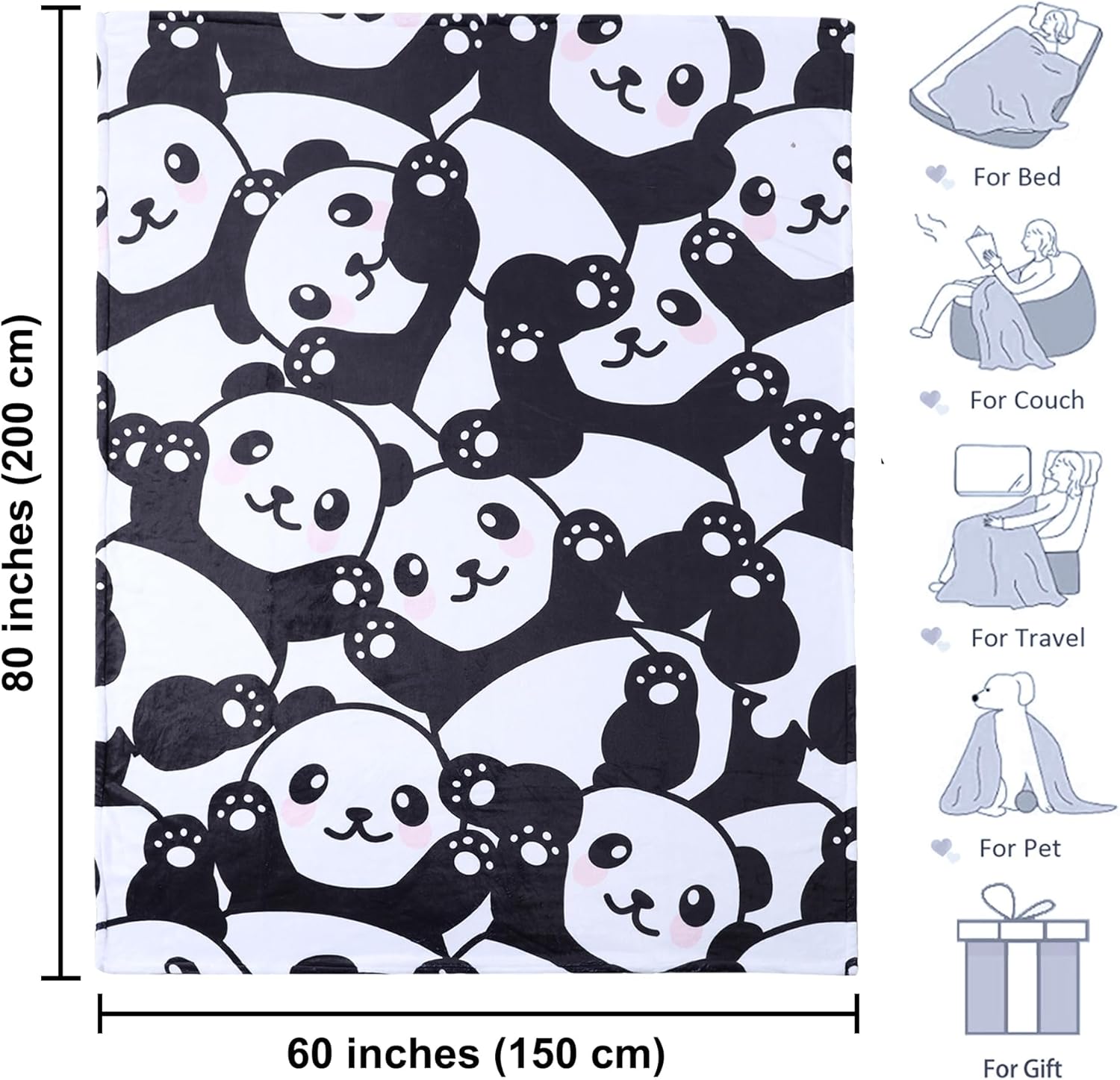 Panda Blanket Super Soft Cozy Blankets Black & White Pandas Stuff Pandabear Gifts for Girls Toddler Adults Twin Flannel Fleece Blanket Lightweight Cute Panda Accessories (Cute Panda, 60"x80") - Image 3