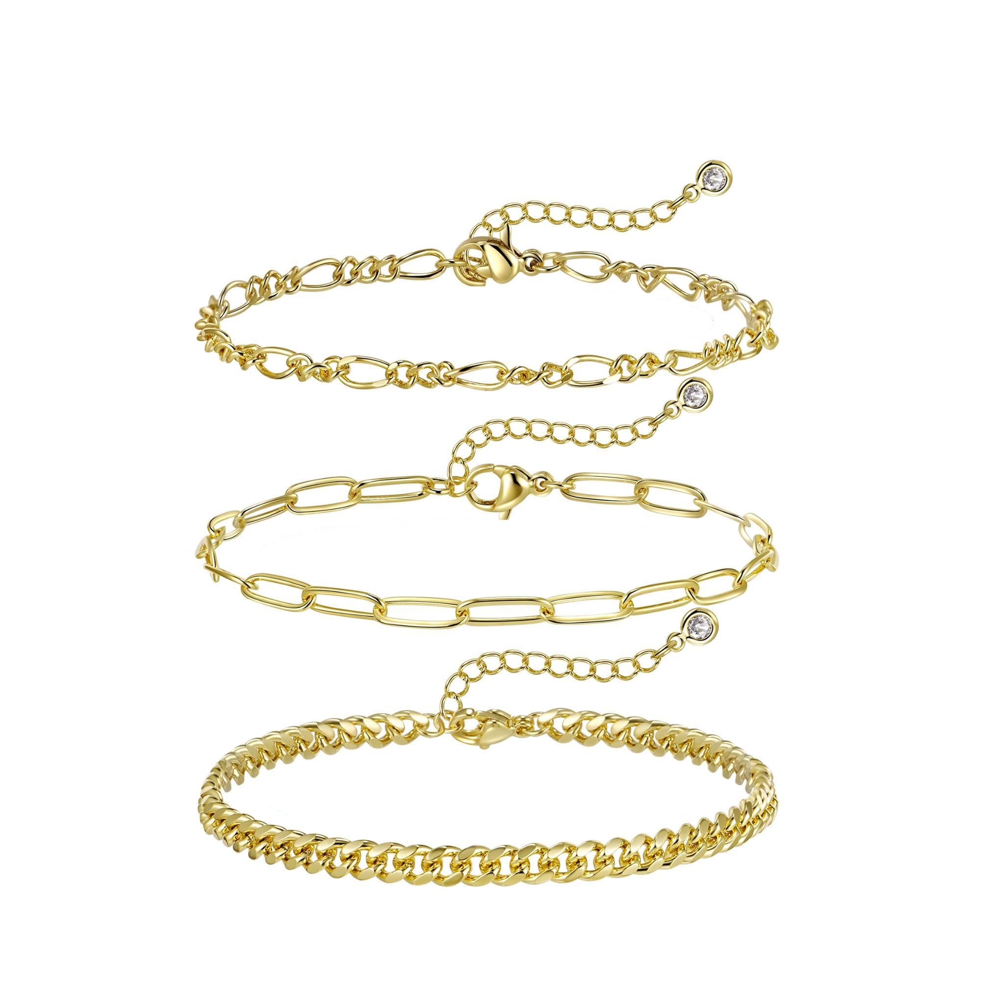 Kainier Gold Bracelets for Women 14k Gold Plated Jewelry Sets for Women Thin Dainty Stackable Paperclip Link Bracelet Adjustable Layered Waterproof