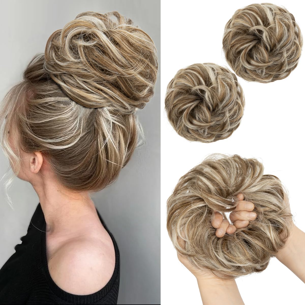 SARLA 2PCS Messy Bun Hair Pieces for Womens Synthetic Scrunchies Buns Extension Hairpieces Updo Pony Tail Beige Multi