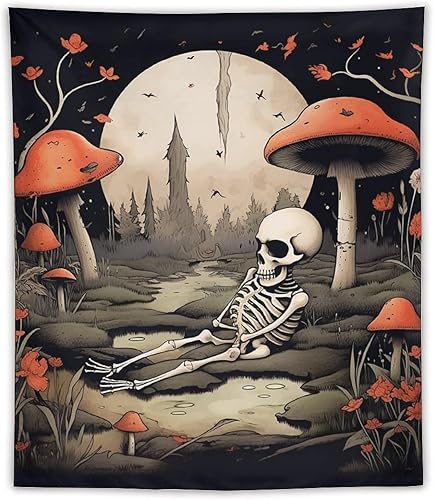 BAHELS Tapiz estético de calavera y luna de hongos y naturaleza, diseño de esqueleto, plantas florales, flores, tapiz estético, decoración de pared