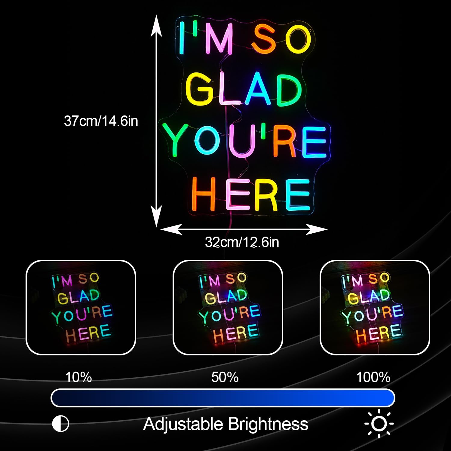 I’m So Glad You’re Here Neon Sign Dimmable Positive Affirmation LED Neon Light for Wall Decor USB Powered Multicolored Light Up Sign for Classroom Wedding Party Store Home Neon Decor