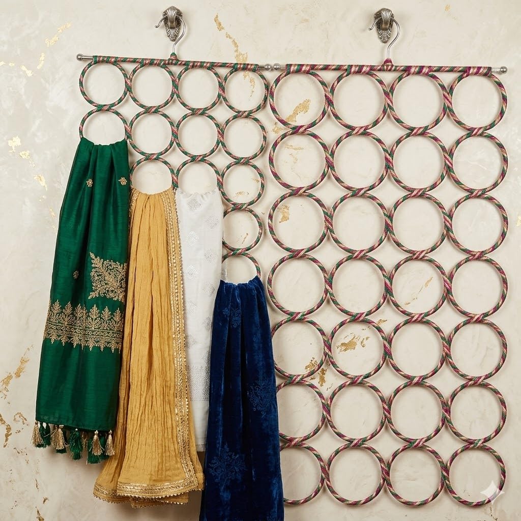28 Slots Scarf/Dupatta and Hijaab Hanger Organiser (Multicolour, 72 X 36 Cm, Alloy Steel) Multi Purpose 28 Rings Foldable Hanger for Ties, Scarfs, Belts, 1 Pieces-image-26