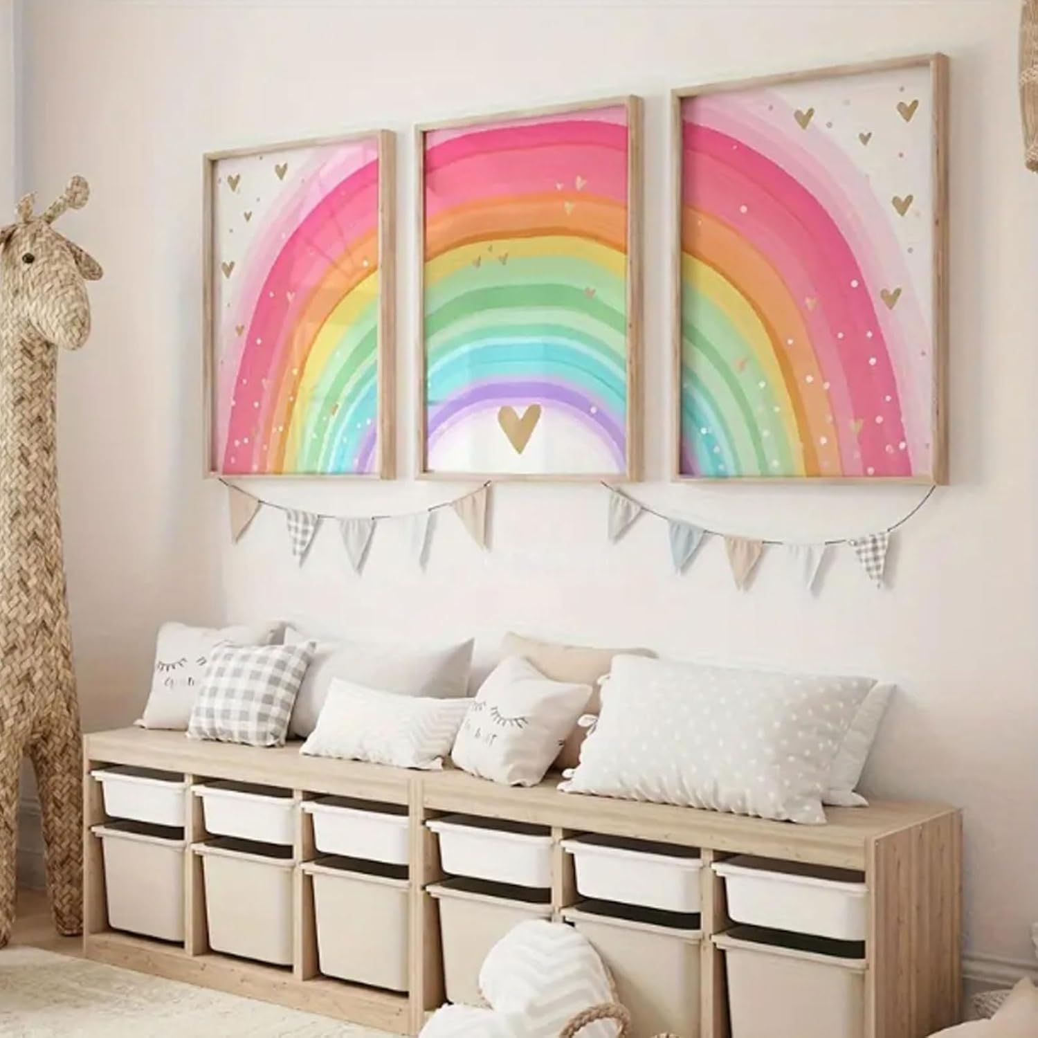 Girls Rainbow Wall Art Set of 3, Colorful Nursery Wall Decor Painting, Kids Heart Picture Poster Prints for Classroom Kids Room Baby Room Bedroom Dorm Home Decoration 16x24in Unframed