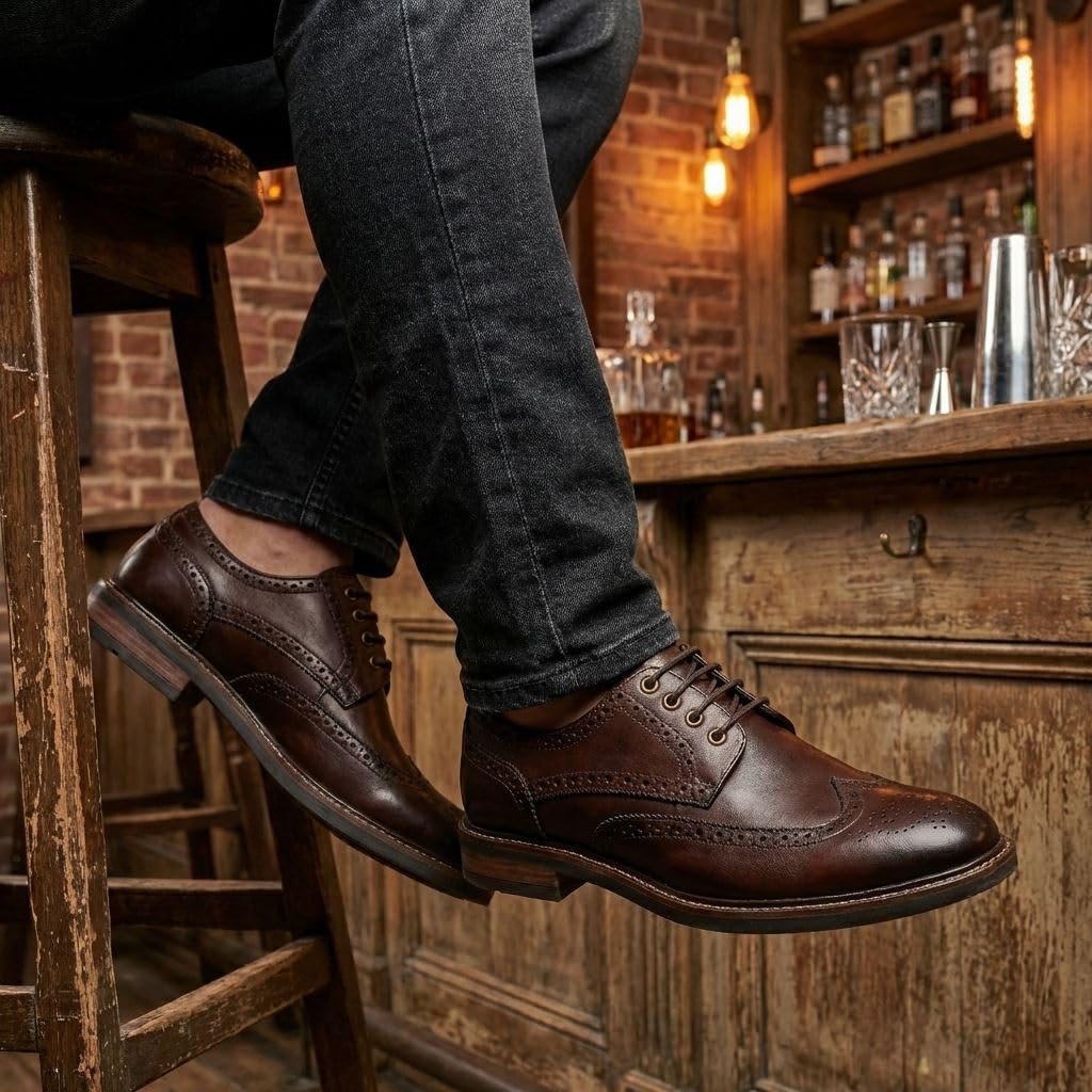 Scarpe da uomo in pelle con punta ad ala, classiche, marroni, stringate, stile derby