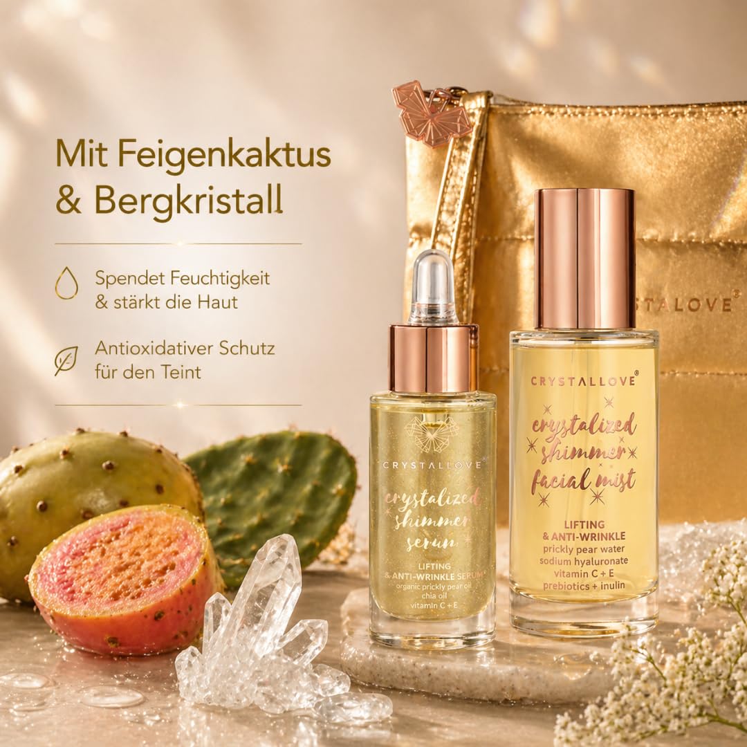 CRYSTALLOVE Clear Quartz Skincare Duo – Gesichtsserum 30 ml & Face Mist 100 ml mit Bergkristall inkl. Kosmetiktasche – Hautpflege Set für Glow, Feuchtigkeit & Frische – Geschenkset