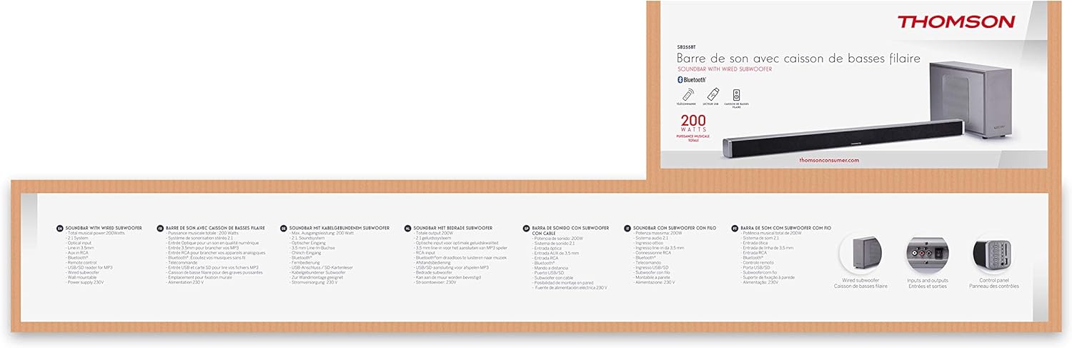 Diagram illustrating the Thomson SBC255BT Soundbar system components and features