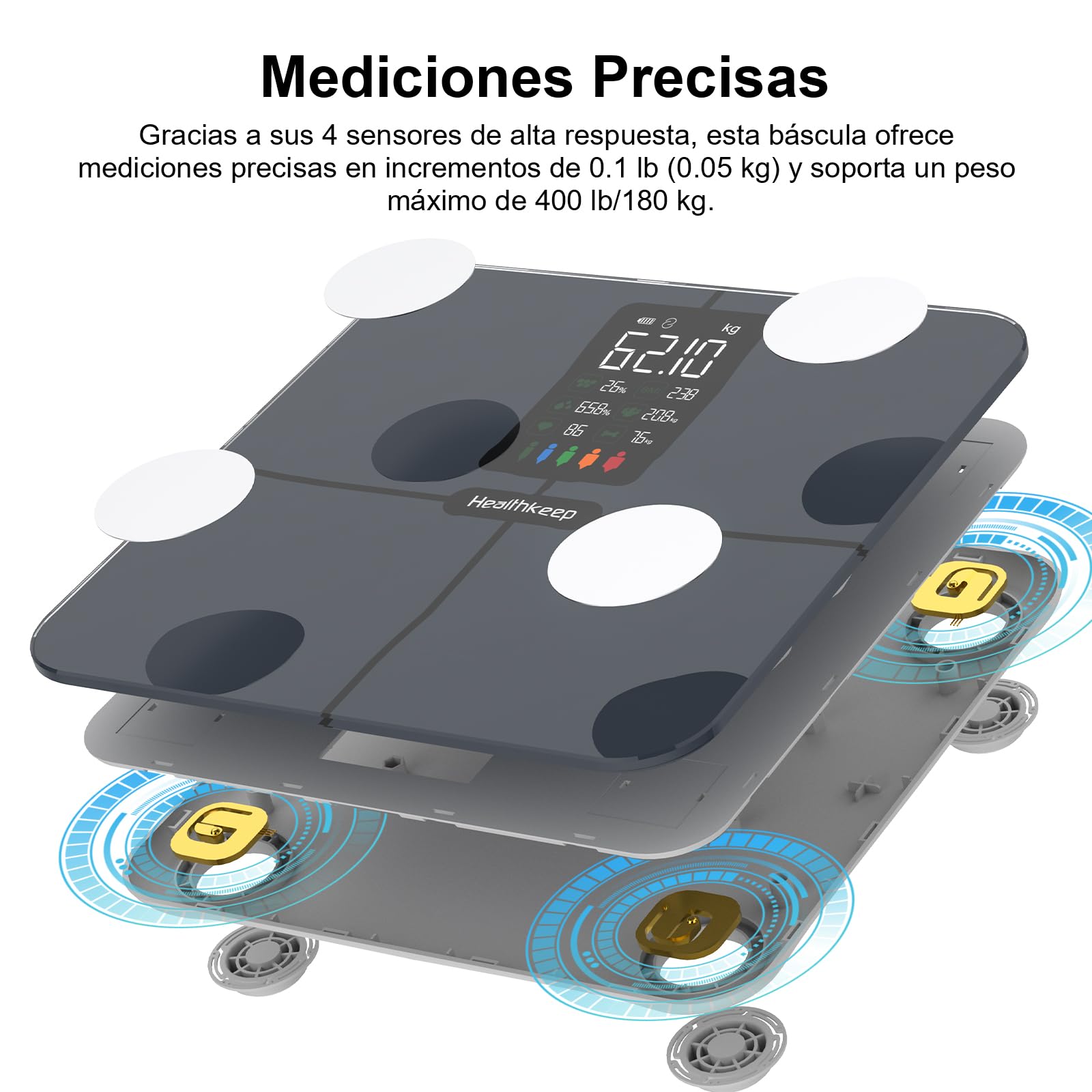 Báscula Grasa Corporal Báscula de Baño Digital, Balanza Bluetooth Inteligente con Análisis (pantalla grande)