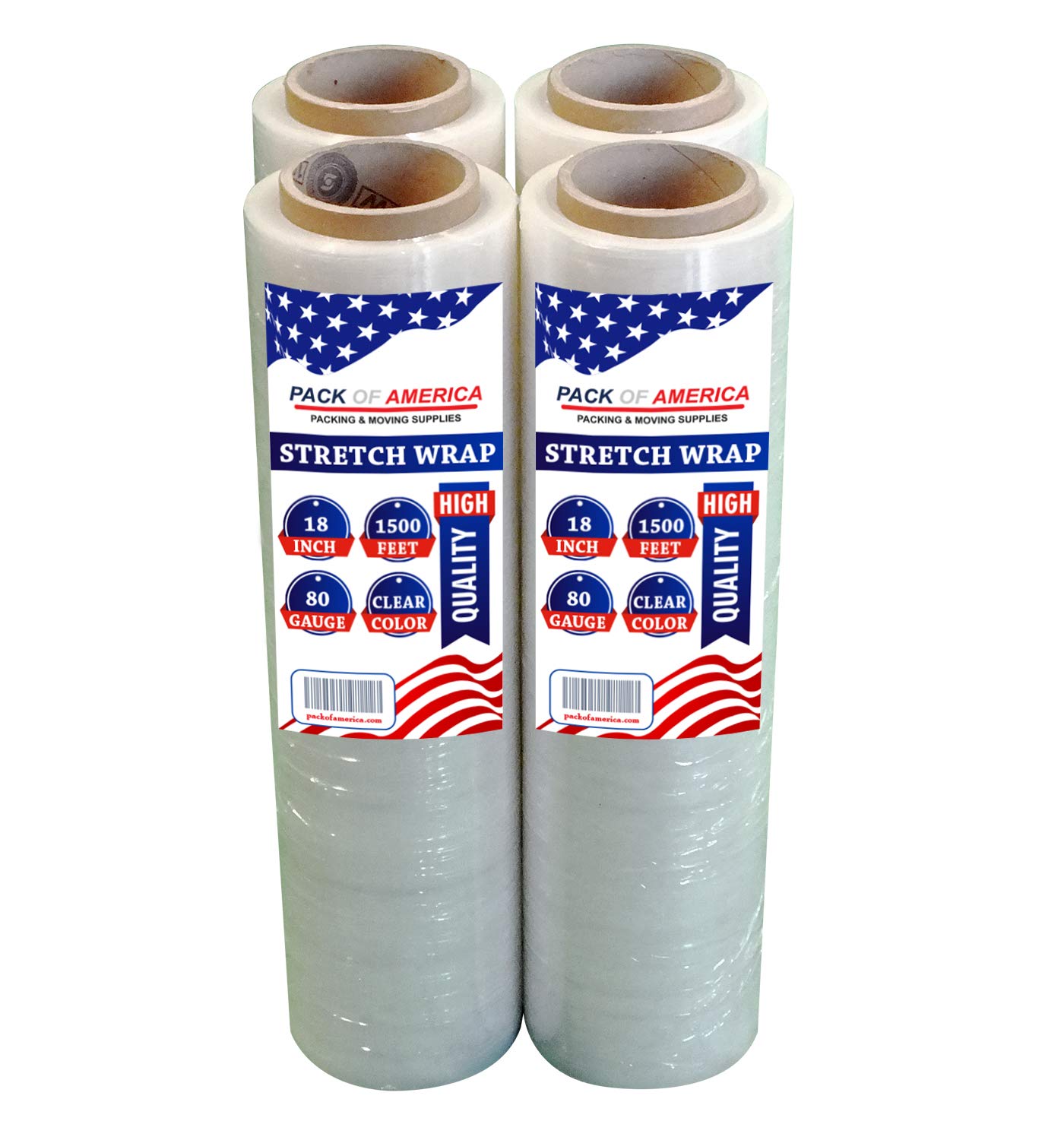Pack of America Stretch Film - 4 Roll Clear, 18” x 1500 Feet, 80 Gauge (20 Micron) Industrial Heavy Duty Plastic Shrink Wrap and Dispenser for Packing, Shipping, Pallet, Moving Supplies